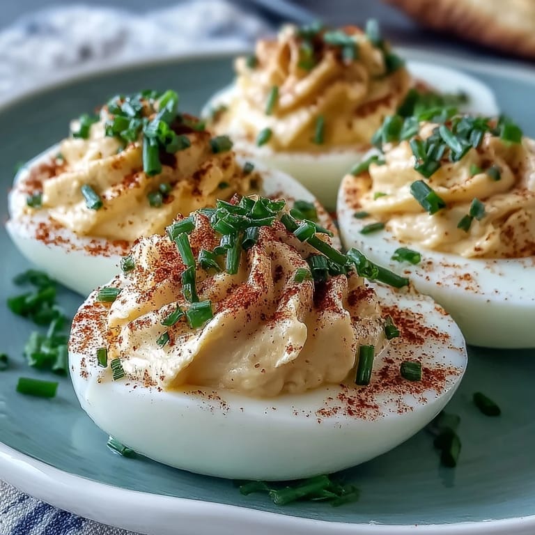 A platter of classic deviled eggs topped with smoky paprika and fresh chives, offering a savory bite for any gathering.  