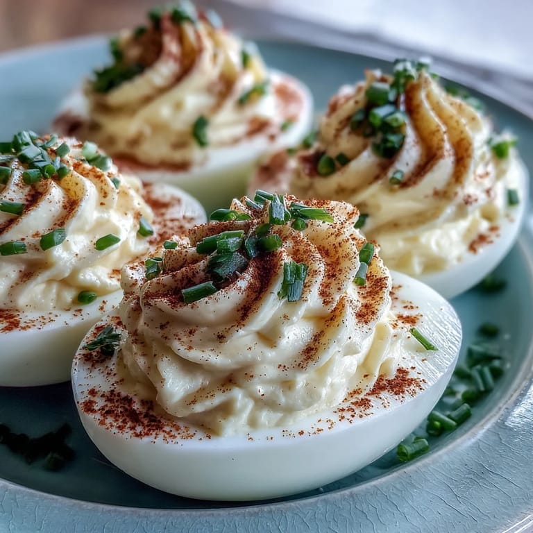 Creamy yolk filling piped into egg white halves, garnished with paprika and chives for a classic, crowd-pleasing appetizer.