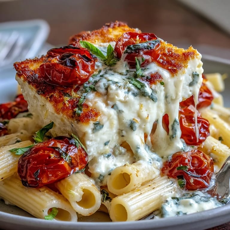 Easy Mediterranean baked feta pasta, ready for a delicious dinner.