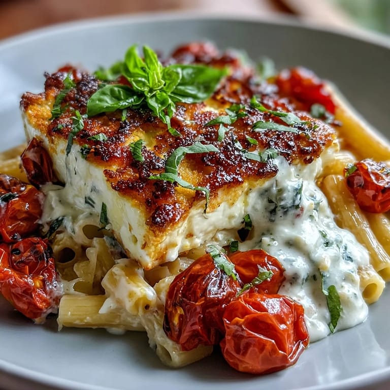 Roasted feta pasta with vibrant tomatoes, garlic, and aromatic basil.