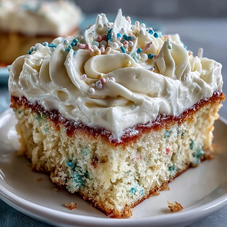 Close-up of a slice of Spring Birthday Party colorful Funfetti Dip Cake.