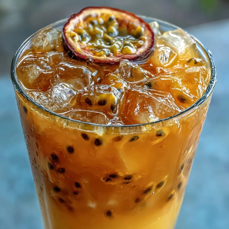 Delicious Tropical Sunrise Mocktail with passionfruit and orange, ready to enjoy.