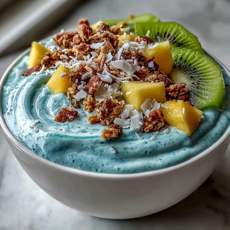 Enjoy this visually stunning blue spirulina smoothie bowl with a fruity medley.
