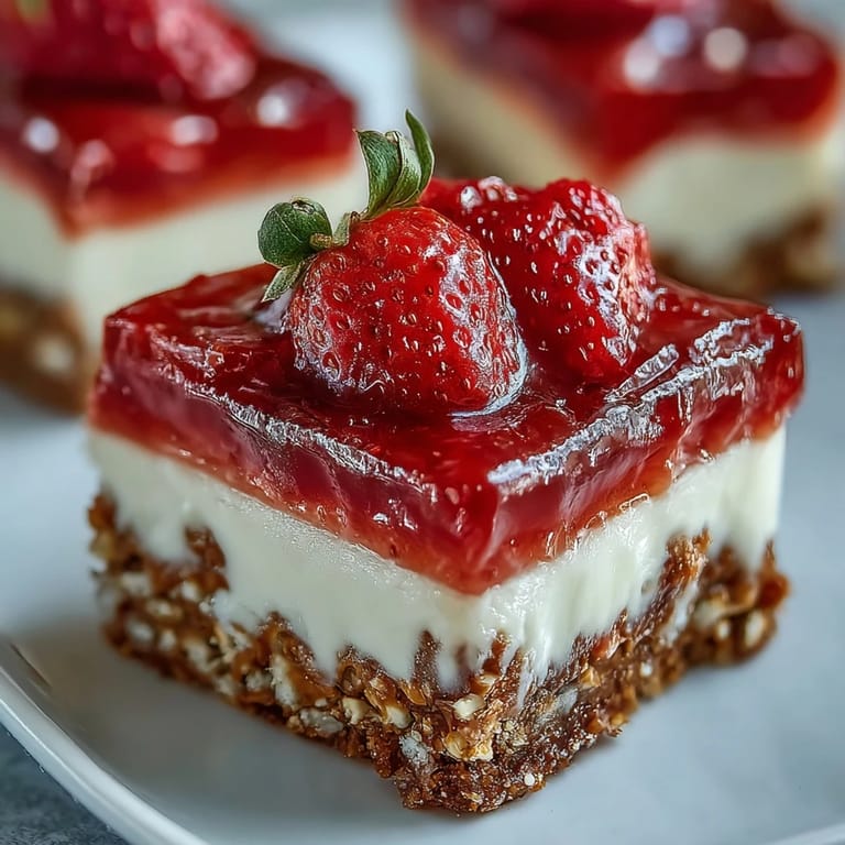 Enjoy these no-bake Strawberry Pretzel Salad bars with fresh fruit topping.