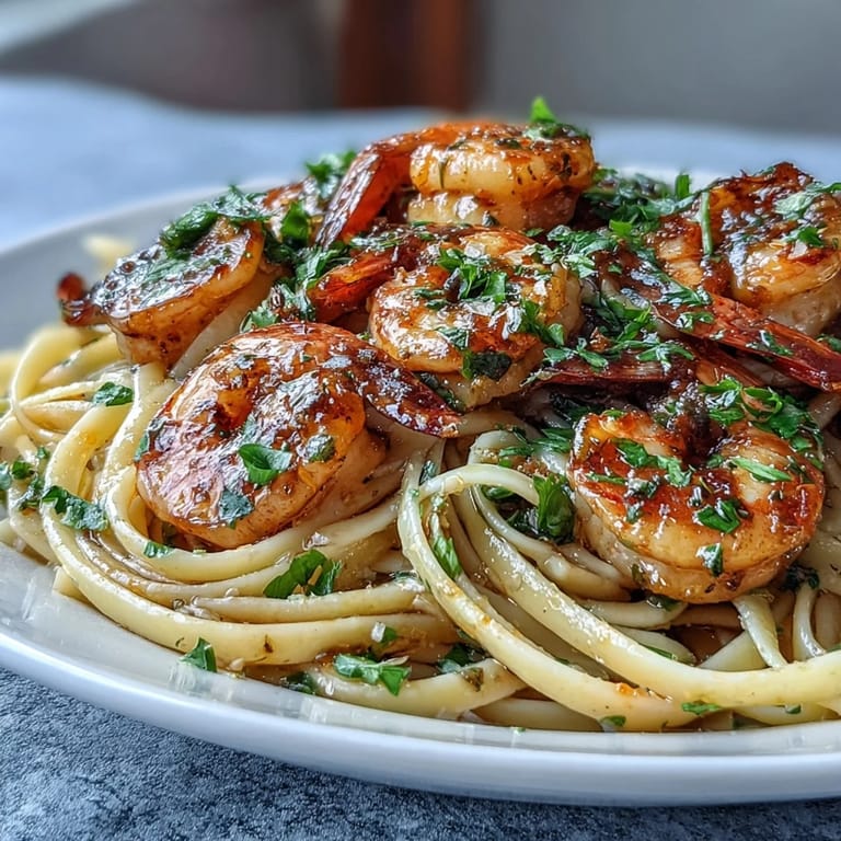 Beautifully plated Shrimp Scampi Linguine, glistening with buttery white wine sauce.