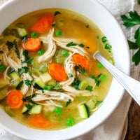 Bright steaming bowl of Spring Garden Chicken Soup featuring tender shredded chicken, carrots, peas, and fresh parsley garnish.