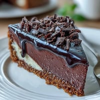 A slice of chocolate cottage cheese cheesecake on a white plate with dark chocolate shavings and a dollop of Greek yogurt topping.