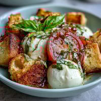 A colorful Caprese salad bowl with fresh mozzarella, ripe tomatoes, and basil, drizzled with balsamic and olive oil.
