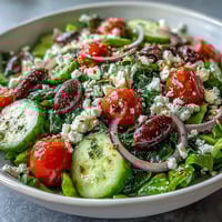 Vibrant Mediterranean green salad bowl with crisp spring greens, juicy tomatoes, cucumber, olives, and feta, tossed in tangy Greek dressing.  