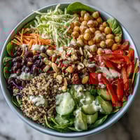 1. Rainbow Salad Bowl featuring colorful fresh vegetables, hearty grains, and crunchy nuts tossed in a zesty lemon dressing.  