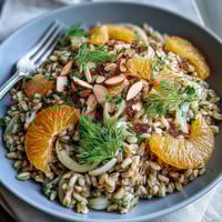 Farro Salad Bowl with Fennel, Oranges & Almonds, tossed with a zesty vinaigrette and topped with toasted nuts.