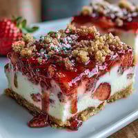 Strawberry Lemonade Bars with Shortbread Crust: golden crust topped with tangy strawberry lemon filling, dusted with powdered sugar for a bright, refreshing dessert.