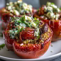 Vibrant stuffed bell peppers filled with quinoa, herbs, and vegetables, baked to tender perfection for a healthy vegetarian meal.