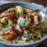 Slow Cooker Chicken Pot Pie Soup with tender chicken and hearty vegetables in a creamy, savory broth.
