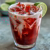 Vibrant dragon drink refresher with coconut milk, dragon fruit, and strawberries in a frosty glass.