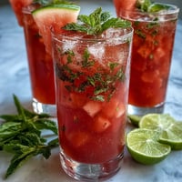 Refreshing watermelon mint vodka spritz mocktail with vibrant mint leaves and juicy watermelon slices, served in a tall glass with sparkling water and lime garnish.