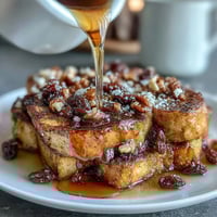 Warm slice of easy capirotada with cinnamon, piloncillo, and raisins, topped with melted cheese and toasted nuts, served on a rustic plate.