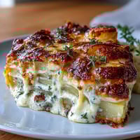 Creamy scalloped potatoes with Gruyere cheese baked to golden perfection, featuring tender potato layers in a rich garlic cream sauce.