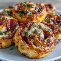 Golden, flaky pastry spirals loaded with zesty marinara, melted mozzarella, and pepperoni—ideal for parties or snacks.