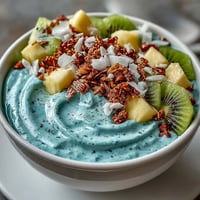 Blue spirulina smoothie bowl bursting with vibrant tropical fruit toppings.