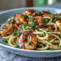 Succulent Shrimp Scampi Linguine with white wine sauce, parsley, and lemon zest.